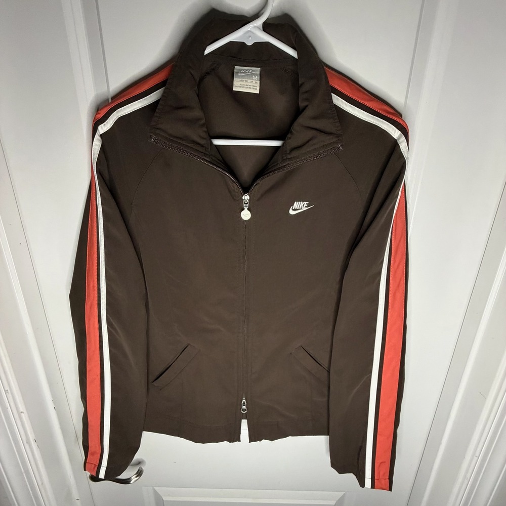 Vintage Nike Track Jacket Womens Medium Brown Orange  Stripe Full Zip Jacket